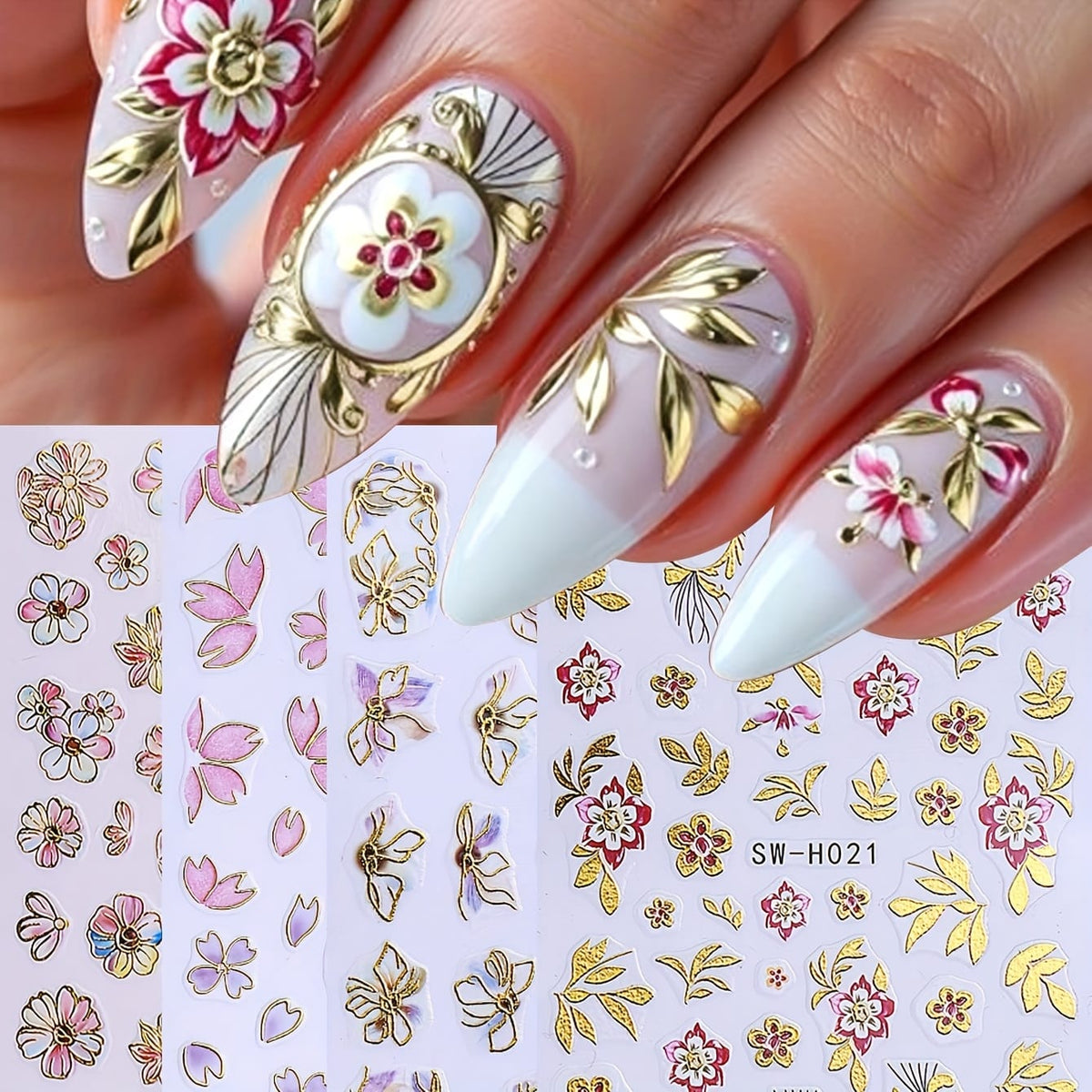 KissICON Random Color / 5 Sheets Kiss Icon Floral Nail Stickers Set - Golden