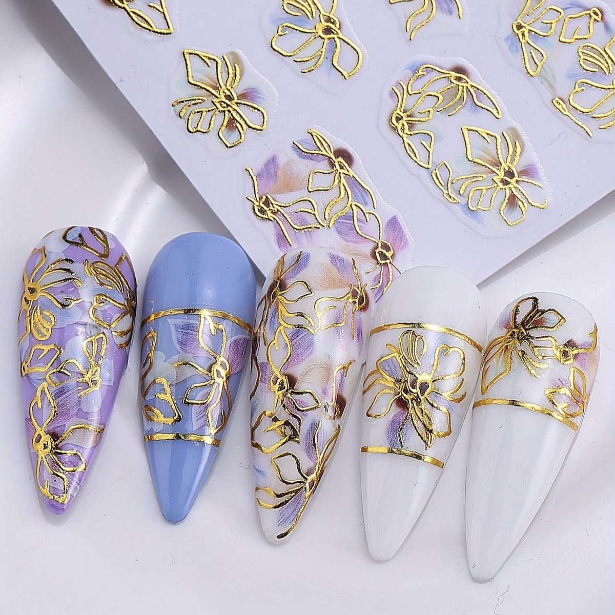 KissICON Random Color / 5 Sheets Kiss Icon Floral Nail Stickers Set - Golden