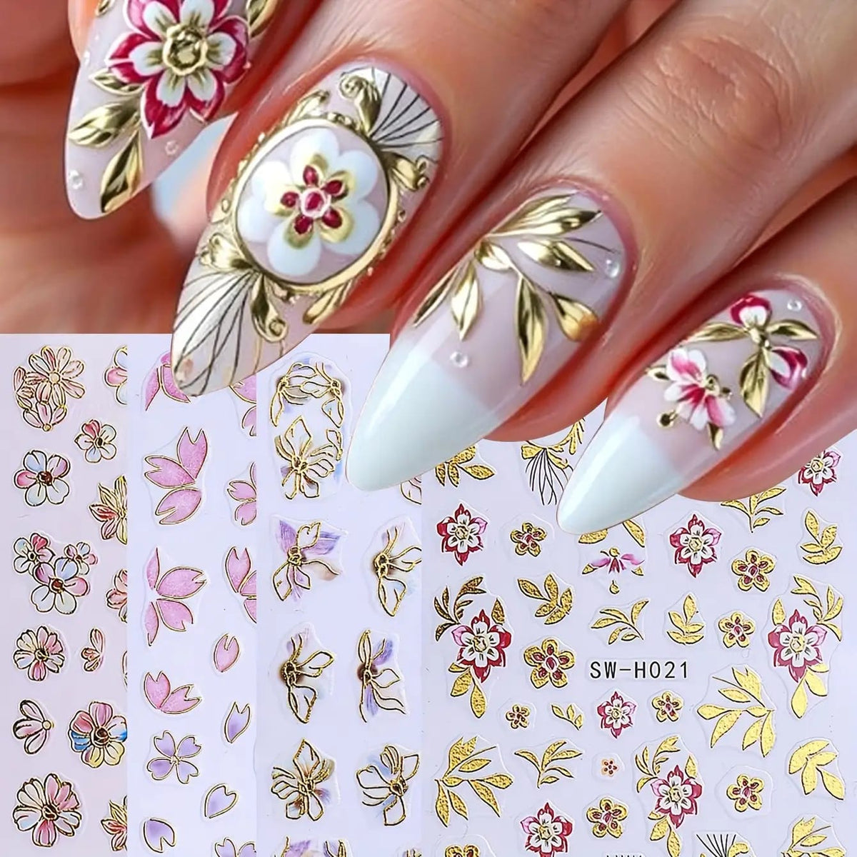 KissICON Random Color / 5 Sheets Kiss Icon Floral Nail Stickers Set - Golden