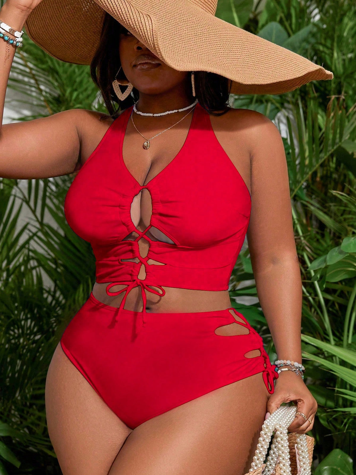 KissICON Red / 0XL Curve Ombre Coconut Tree Print Swimwear