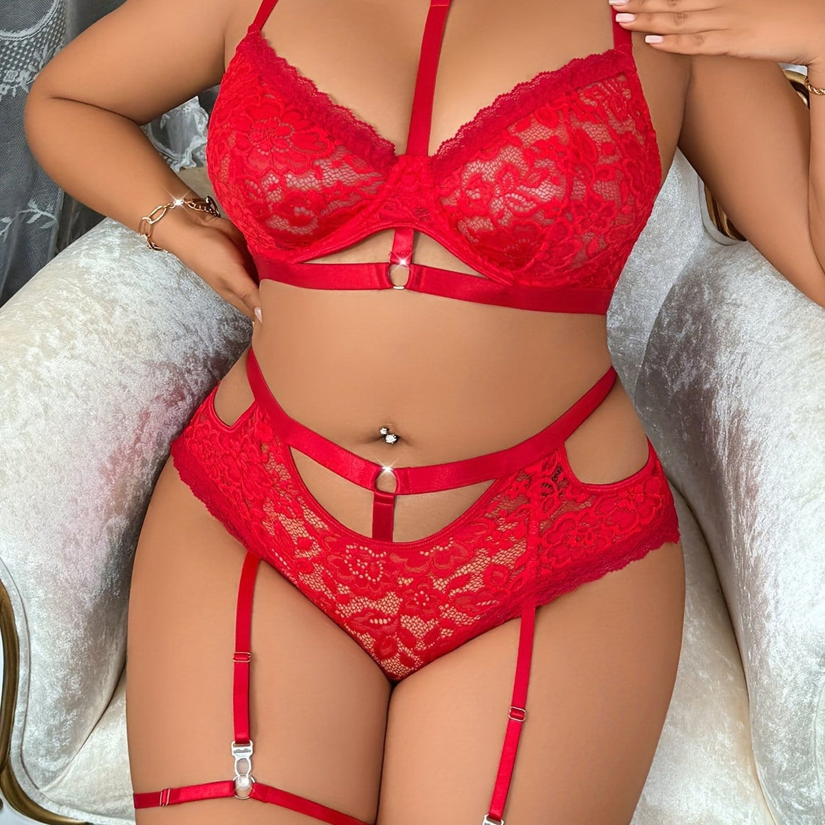 jkthpu-45 Red / 0XL Plus Size Sexy Lingerie Set with Floral Lace Trim & Steel Ring - Red & Black Contrast Design, Adjustable Straps, Medium Stretch Fabric for Women, Adult Intimate Apparel, Intimate Enhancement, Elegant Intimate Wear, Durable Intimate Wear
