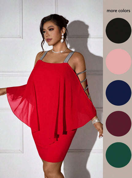 Femmeverse new Red / 0XL Plus Size Women Silver Camisole Patchwork Chiffon Dress