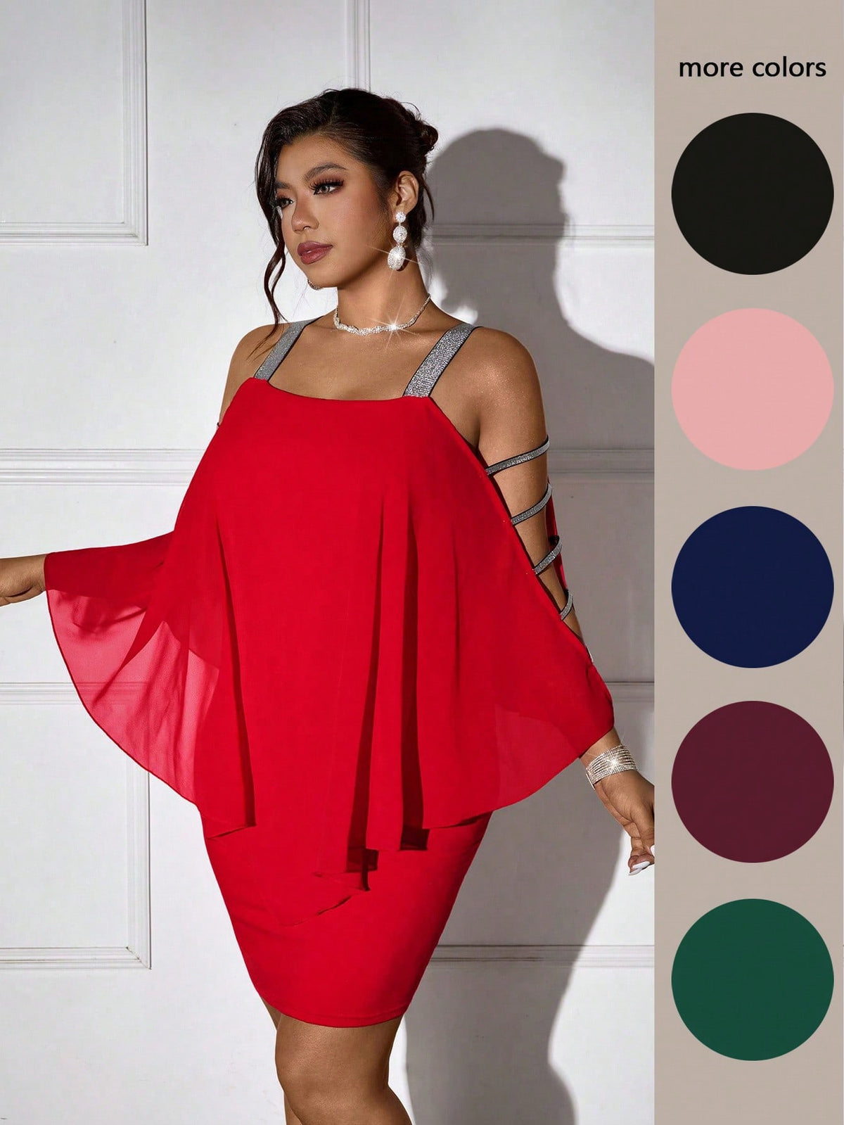 Femmeverse new Red / 0XL Plus Size Women Silver Camisole Patchwork Chiffon Dress