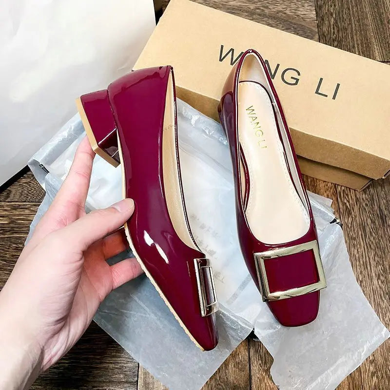 KissICON Red 1 / 34 Flats Women's Shoes Patent Leather Square Buckle Shoes