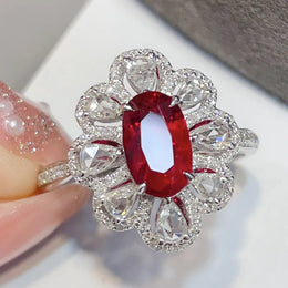 KissICON Red / 10 Fashion Drop Pendant Pear-shaped Zirconia Ring 925 Stamp High Quality Jewellery Imitation Natural Pigeon Blood Ruby Oval Ring