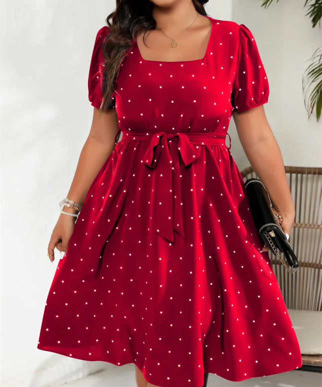 KissICON Red / 1XL GIBSIE Plus Elegant Retro Polka Dot Puff Sleeve Belted Swing Dress