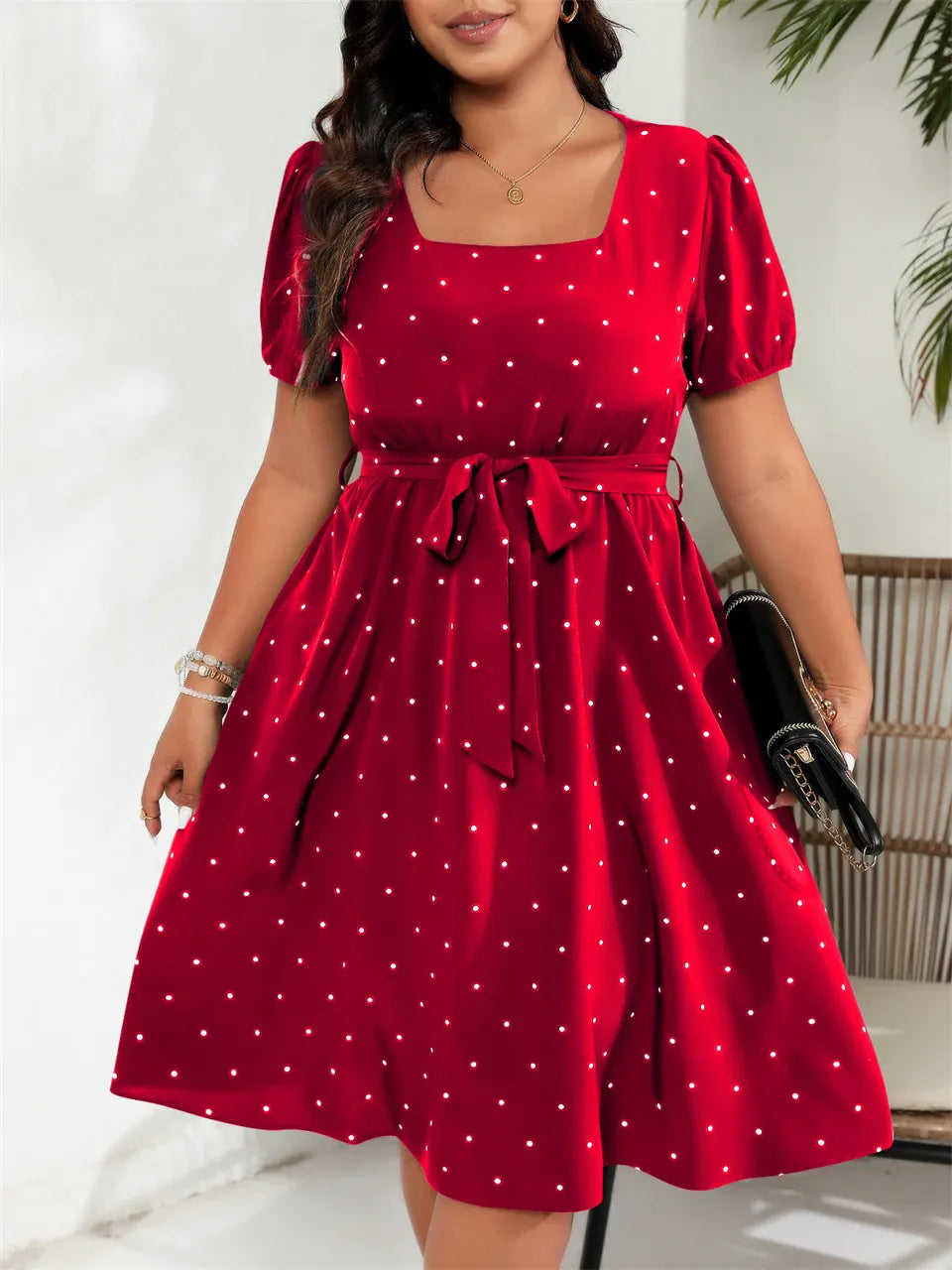 KissICON Red / 1XL GIBSIE Plus Elegant Retro Polka Dot Puff Sleeve Belted Swing Dress