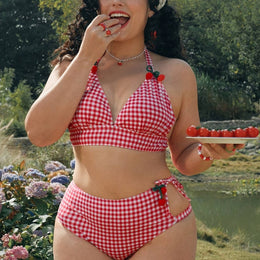 KissICON Red / 1XL Women's Fashionable Plaid Cherry Bikini – Stretch