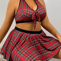 jkthpu-45 Red / 1XL Women's Plus Size Sexy Plaid Print Suit Set