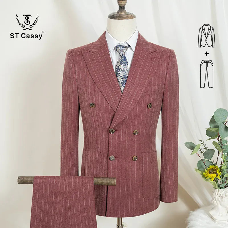 KissICON red 2-pcs set / M ST Cassy Mens Stripe Double Breasted 2Piece Suit