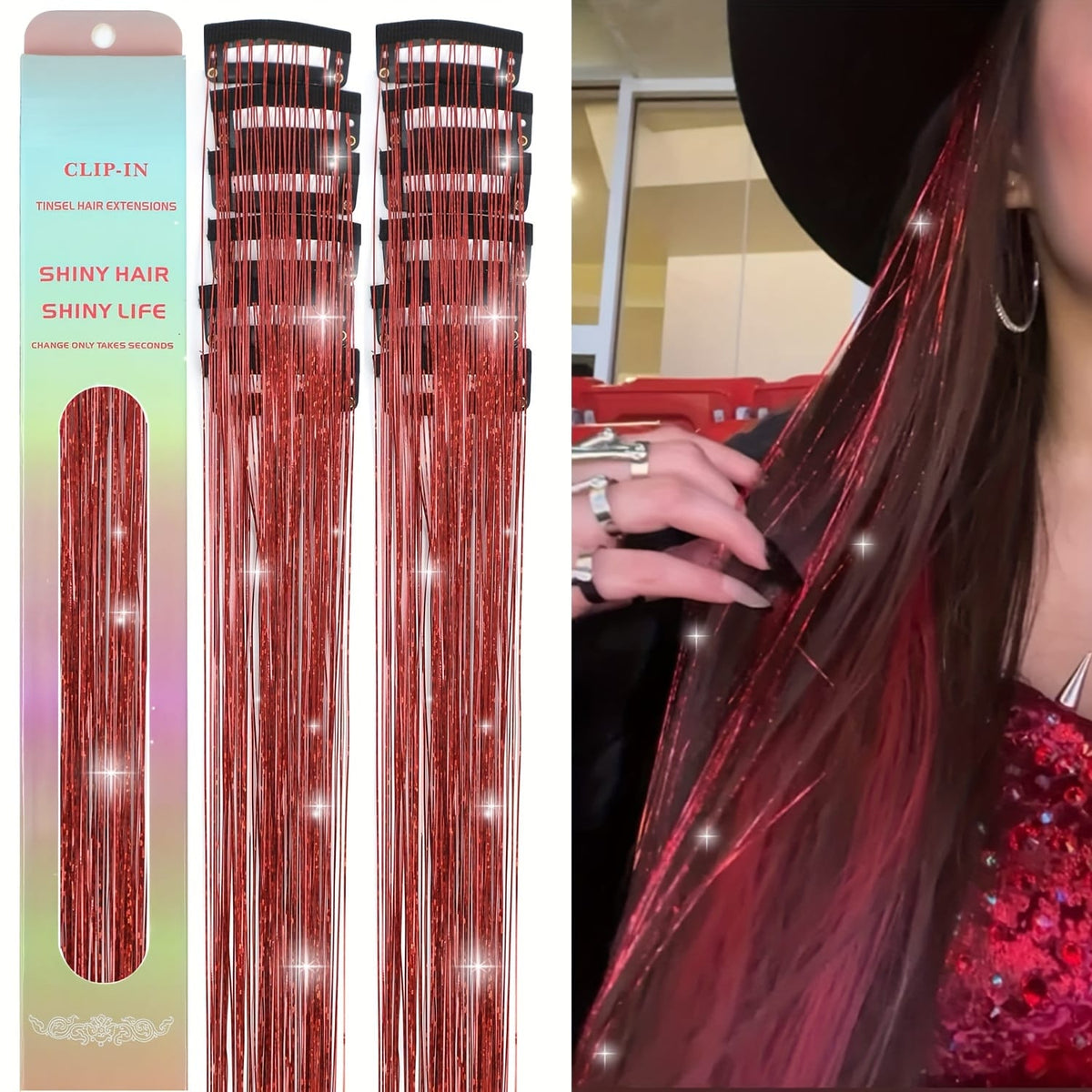 KissICON Red / 24inch KissIcon Clip In Hair Tinsel TwelvePcs - Sparkly