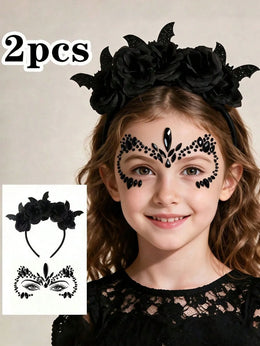 KissICON Red 2PCS Halloween Party Headband Set - Includes Flower & Bat Decorated Headbands, Black Rhinestone