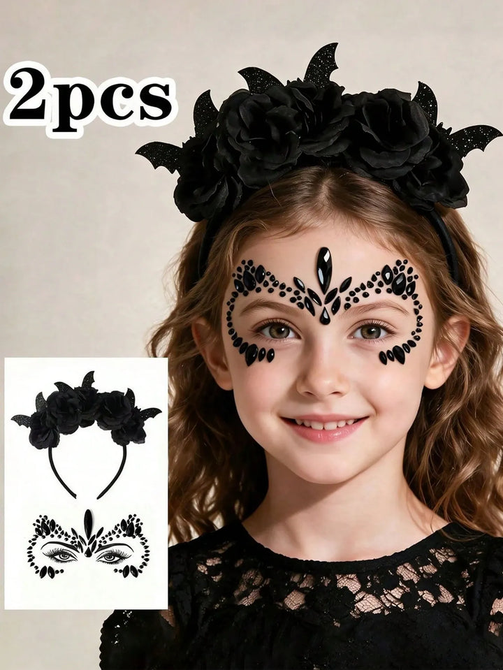 2PCS Halloween Party Headband Set - Includes Flower & Bat Decorated Headbands, Black Rhinestone