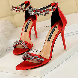 Dropshipman red / 34 BIGTREE Shoes Open Toe Rhinestones Sandals Women 2025 New Designer Sexy High Heels Sandals Female Shoes Summer Heeled Sandals