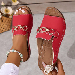 KissICON Red / 35 Plus Size Metal Chain Decor Wedge Sandals Women
