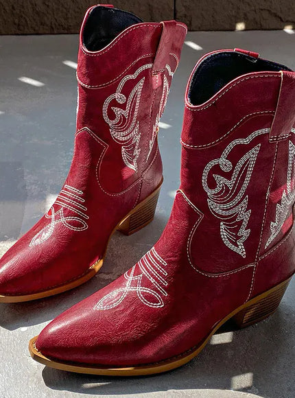 KissICON Red / 37 Ethnic Embroider Decor High Heel Boots for Women