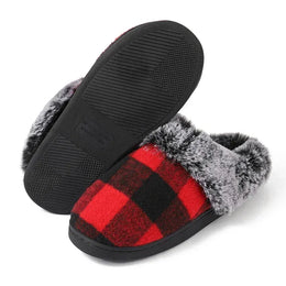 KissICON Red / 38-39 Fashion Grid Pattern Fuzzy Slippers Women Closed Toe