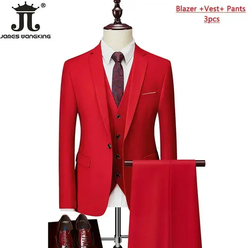 KissICON Red 3Pcs / M (US XXS) Mens Solid Color Formal Business 3Piece Suit M6XL