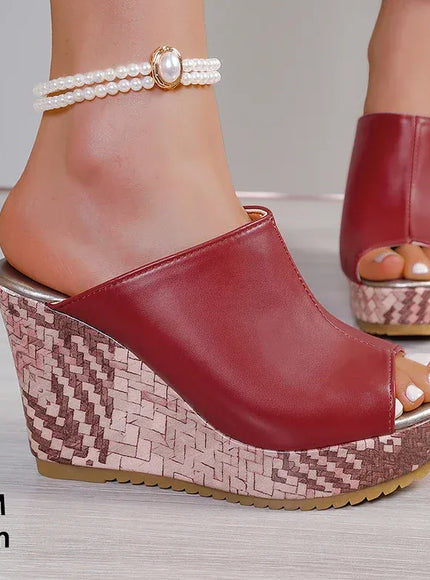 KissICON Red / 42 Pu Leather Block Print Thick Sole Wedges Sandals