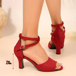 KissICON Red / 45 Women's Classics High Heels Sandals Flock Ankle Buckle