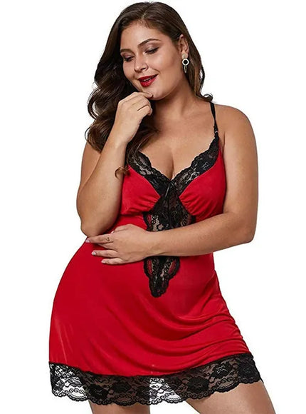 KissICON red / 4XL / CHINA Women Spaghetti Straps Nightgowns Lace Sexy Sleepdress Plus Size Nightdress Satin Lingerie Sets Women's Pajamas Home Clothes