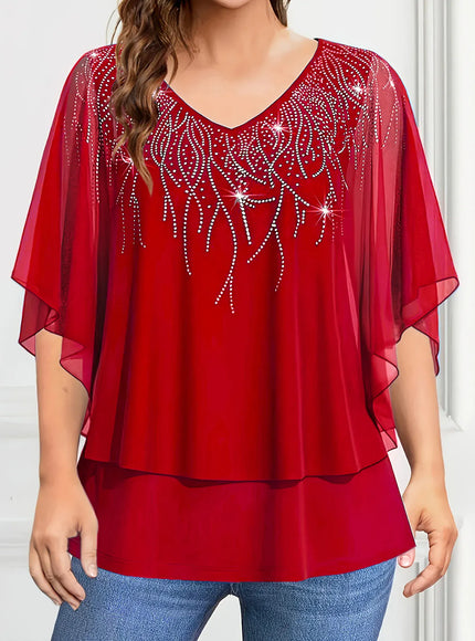 KissICON Red / 4XL Plus Size Women's Blouse V-Neck Pullover Batwing Sleeve Sparkly Layered Shirts Blouse Women'S Clothing Casual Summer Top