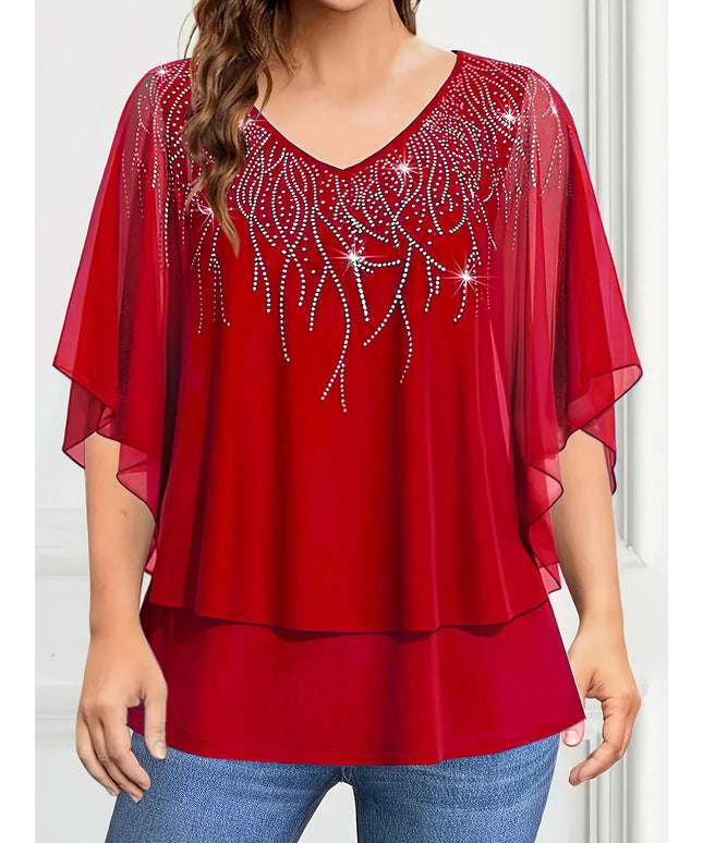 KissICON Red / 4XL Plus Size Women's Blouse V-Neck Pullover Batwing Sleeve Sparkly Layered Shirts Blouse Women'S Clothing Casual Summer Top