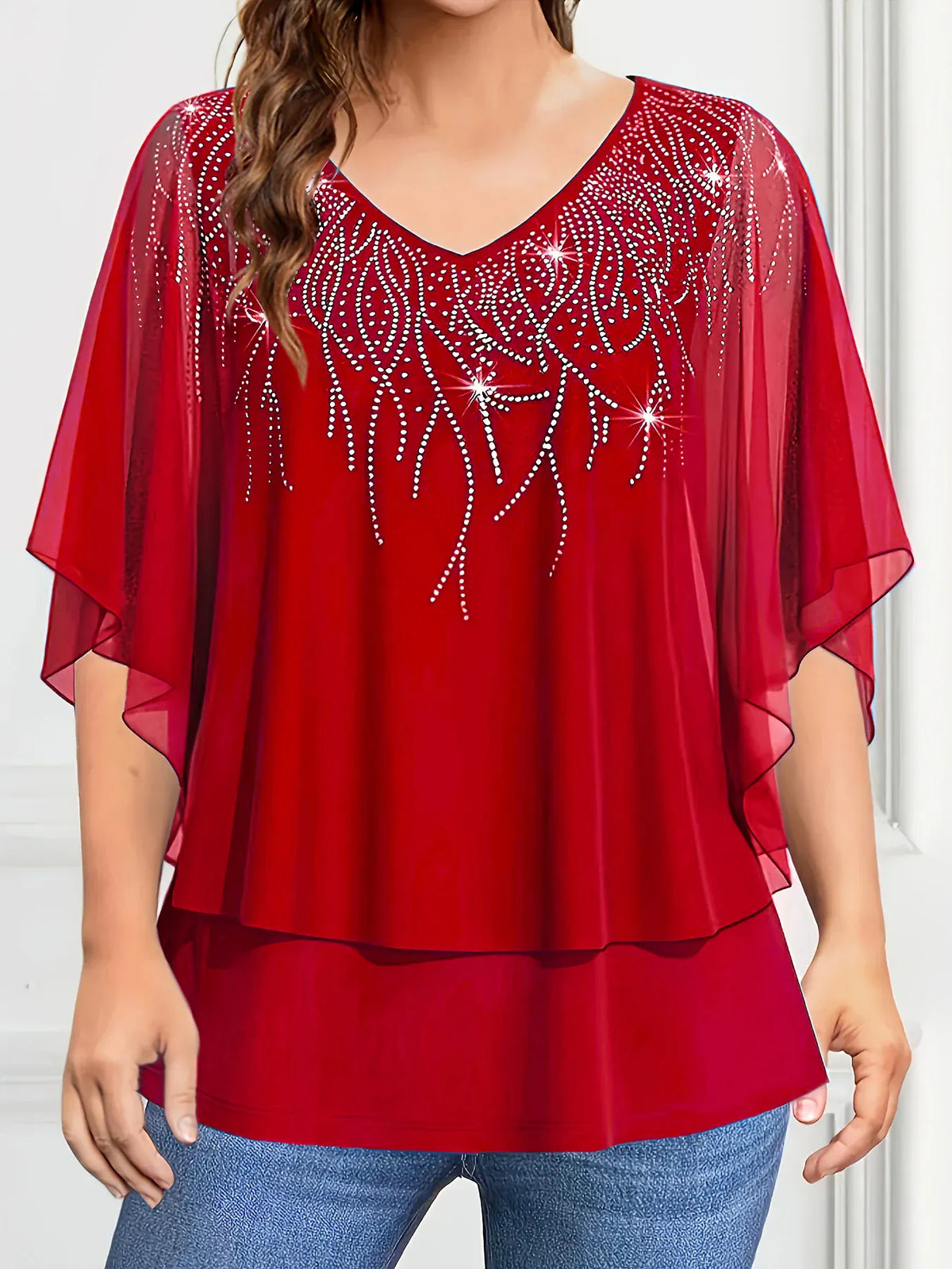 KissICON Red / 4XL Plus Size Women's Blouse V-Neck Pullover Batwing Sleeve Sparkly Layered Shirts Blouse Women'S Clothing Casual Summer Top