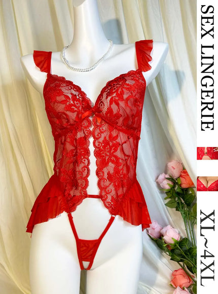 KissICON Red / 4XL XL 4XL Curve Women's Open Bodysuit – Lace See Through