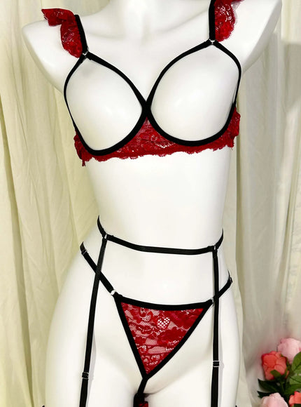 KissICON Red / 4XL XL 4XL Three-piece Red Bra – Women's Spliced See-through