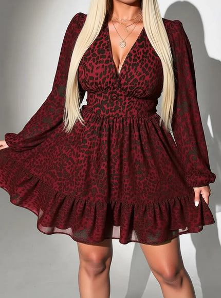 KissICON Dress Red / 5XL Elegant Leopard V-Neck Plus Size A-Line Party Dress