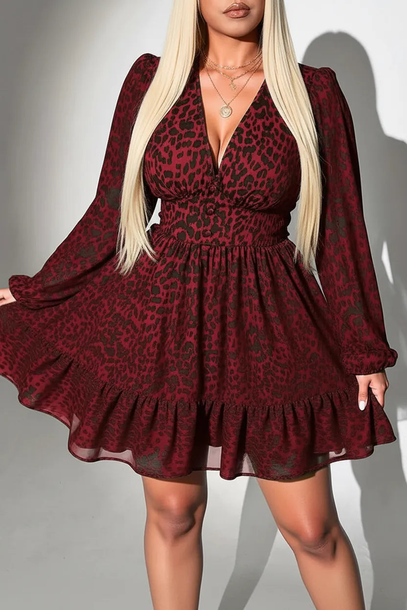 KissICON Dress Red / 5XL Elegant Leopard V-Neck Plus Size A-Line Party Dress