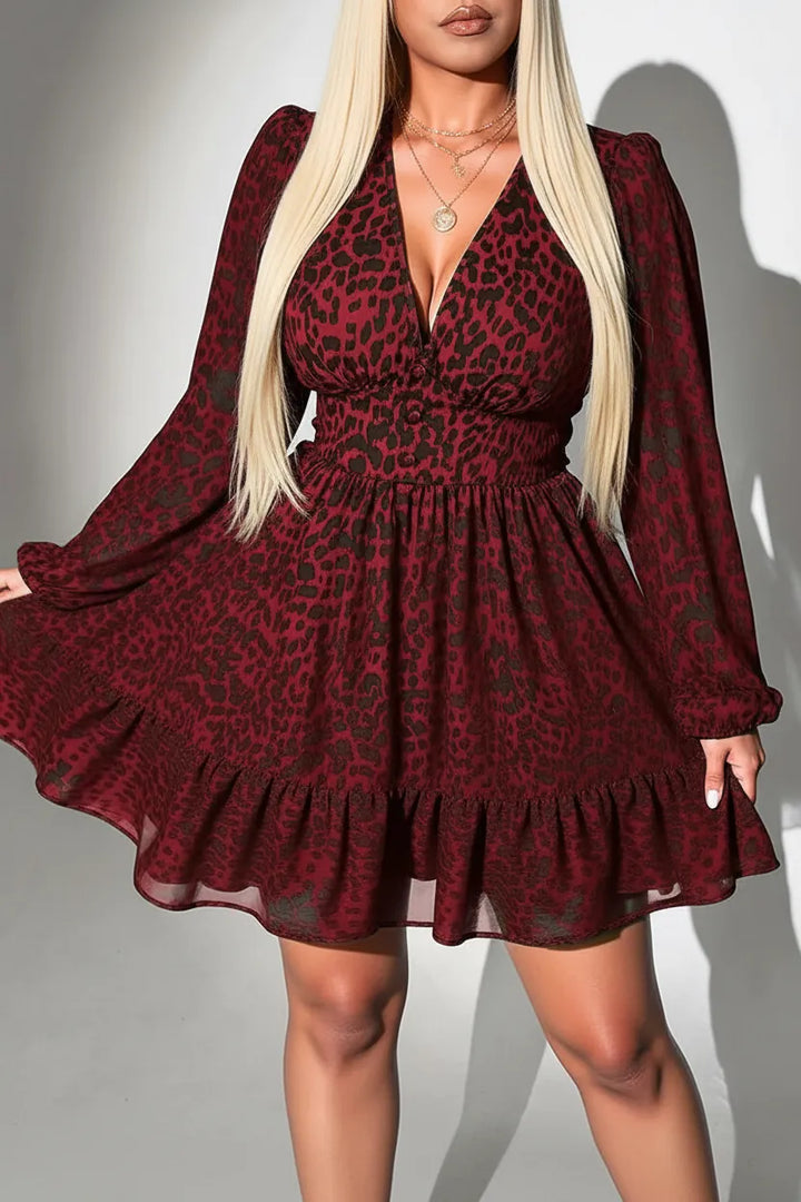 Elegant Leopard V-Neck Plus Size A-Line Party Dress