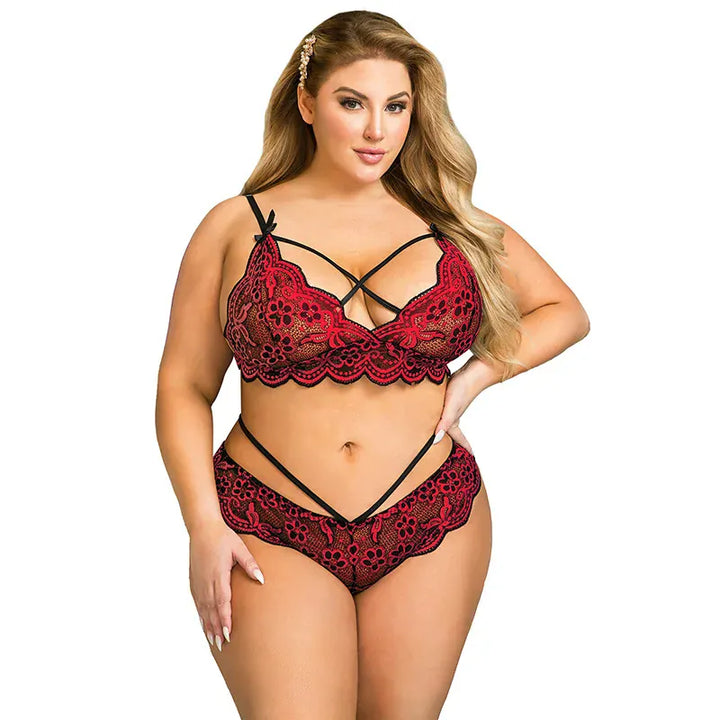 plus size sexy lingerie lace cross band embroidery decoration sexy bra panties lingerie set wholesale from M-5XL