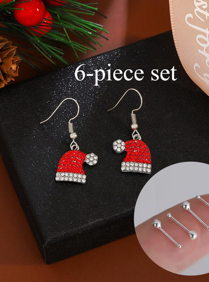 KissICON Red / 6-piece Set Elegant Christmas Hat Zirconia Dangle Earrings