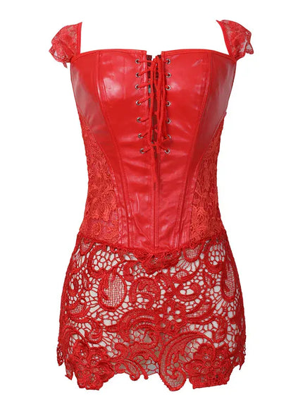 KissICON Red / 6XL Fashion New Steampunk Corset Dress Women Gothic Sexy Faux Leather Zipper Bustier Lace Skirt Black Red Corselet Clubwear S-6XL