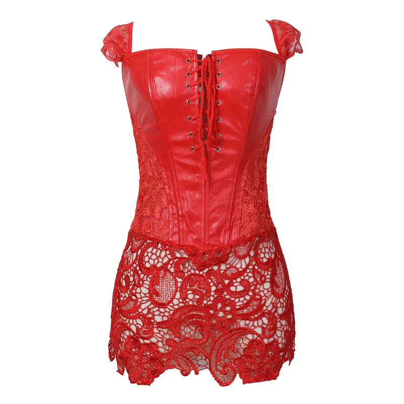 KissICON Red / 6XL Fashion New Steampunk Corset Dress Women Gothic Sexy Faux Leather Zipper Bustier Lace Skirt Black Red Corselet Clubwear S-6XL