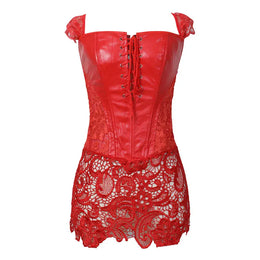 KissICON Red / 6XL Fashion New Steampunk Corset Dress Women Gothic Sexy Faux Leather Zipper Bustier Lace Skirt Black Red Corselet Clubwear S-6XL