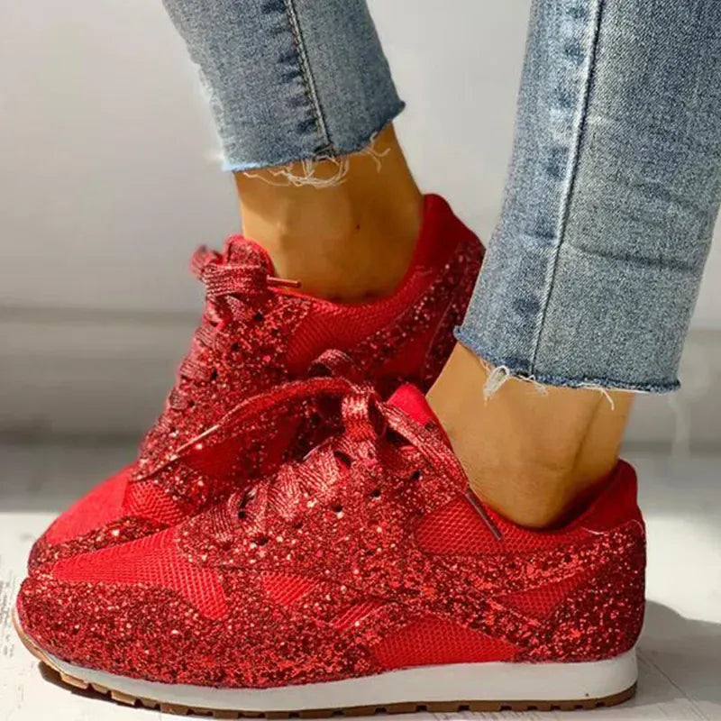 Dropshipman Red / 9 Women Flat Glitter Sneakers Casual Bling Vulcanized Shoes Female Mesh Lace Up Platform Comfort Plus Size Fashion Ladies Autumn99