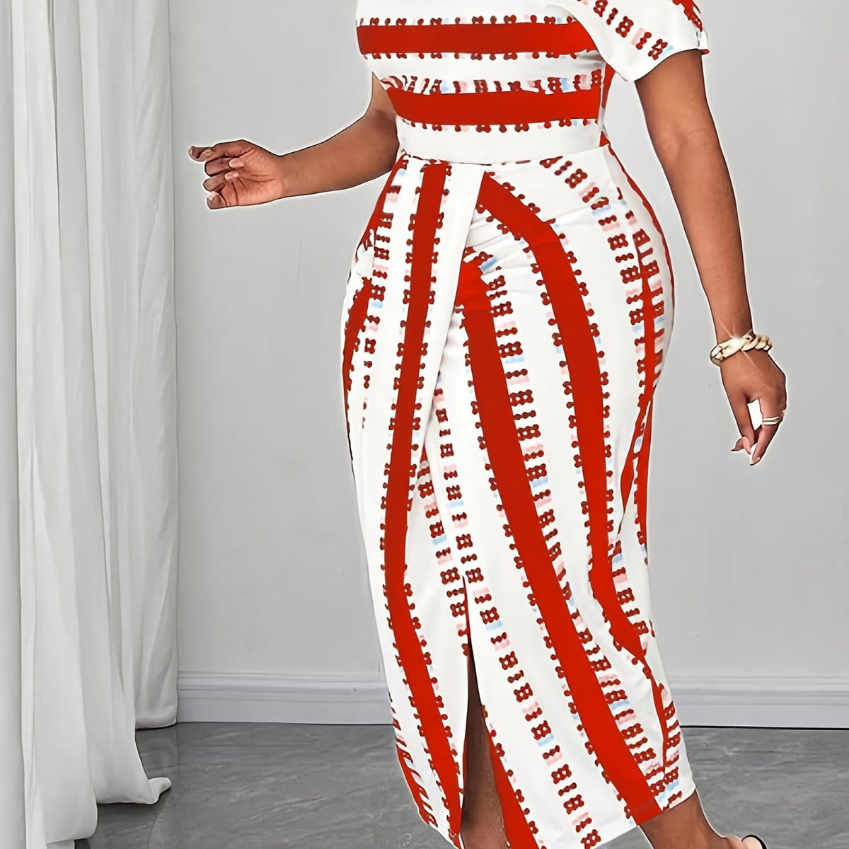 jkthpu-45 Red And White / UK 16 Plus Size Women'S Elegant Print Midi Dress with High-Waist and Scoop Neck - Black/White/Red Geometric Pattern, Sleeveless, Non-Stretch Fabric for Summe