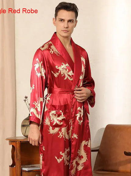 KissICON Red B / XL Mens Dragon Print Satin Kimono Robe  Pants Pajama Set