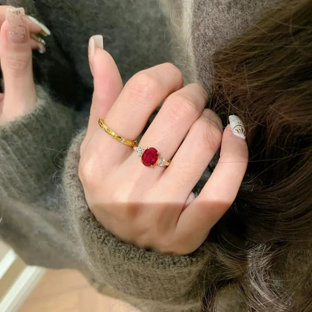 KissICON Red diamond- rose go / QR216 / resizable Natural 2-Carat Ruby Ring 18K Rose Gold Diamond Jewelry Set with Jewelry Box Ladies' Elegant Gemstone Ring