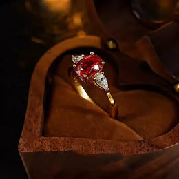 KissICON Red diamond- rose go / QR216 / resizable Natural 2-Carat Ruby Ring 18K Rose Gold Diamond Jewelry Set with Jewelry Box Ladies' Elegant Gemstone Ring