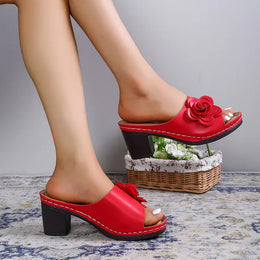 KissICON Red Flower Decor High Heels Sandals for Women