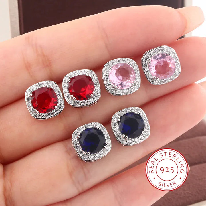 Geometric Blue Red Stud Earrings For Women Sterling Silver