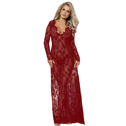 KissICON Red / (INTL.XL-2XL) Plus Size/Big Size Full Lace Half Transpaent for fat women Sexy lingerie Long Dress nighty for ladies  sexy sleepwear