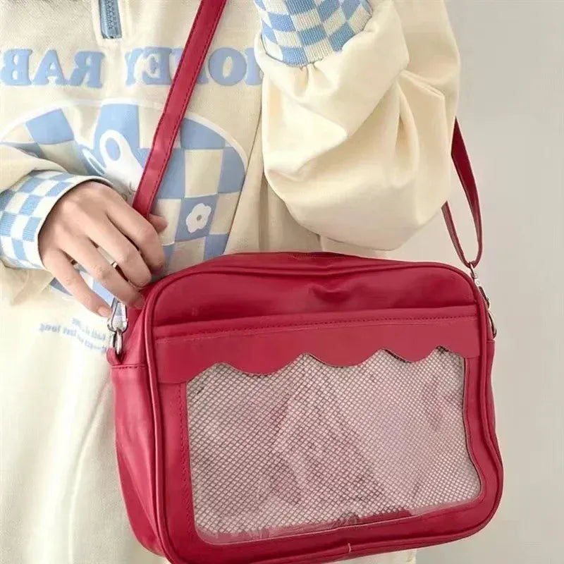 Dropshipman Red Japanese Harajuku Ita Bag for Women PU Transparent Pocket Itabag High School Girls Uniform JK Crossbody Shoulder Bag Handbags