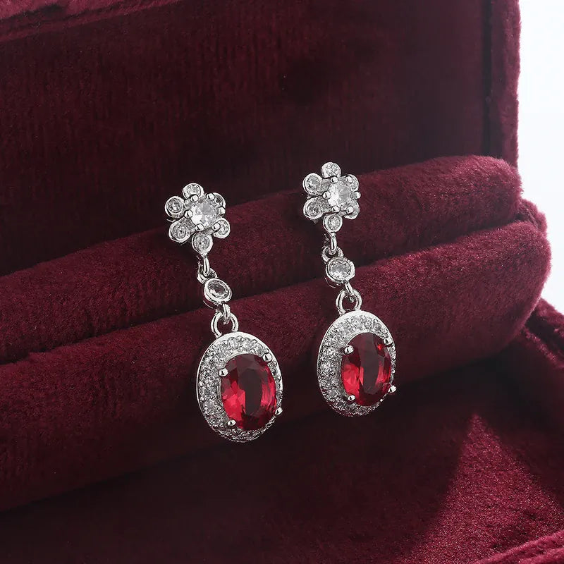 KissICON Red KissIcon 925 Stamp Fashion Water Drop Red Corundum Earrings