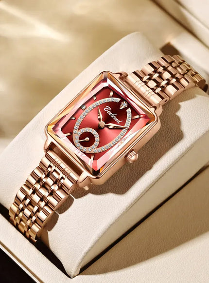 KissICON Red Luxury Women Square Steel Quartz Wristwatch - Waterproof