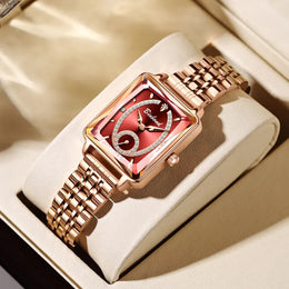 KissICON Red Luxury Women Square Steel Quartz Wristwatch - Waterproof